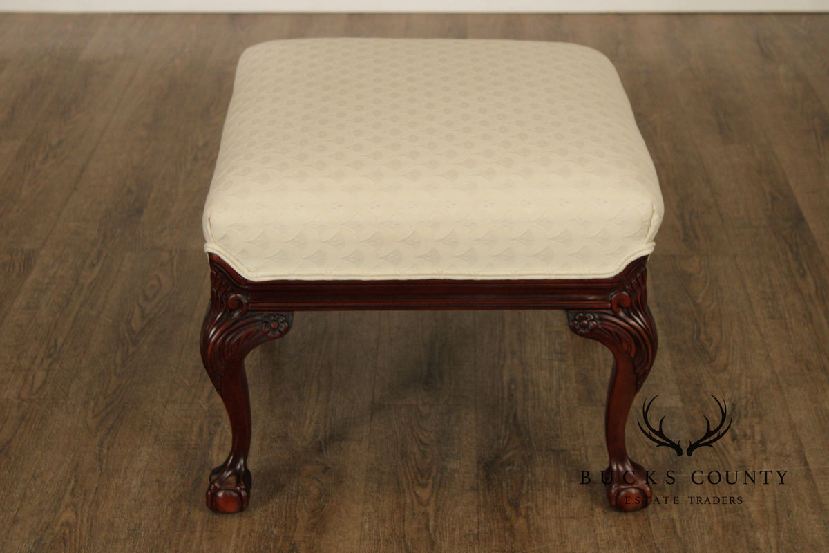 Thomasville Pair Of Chippendale Style Mahogany Upholstered Ottomans