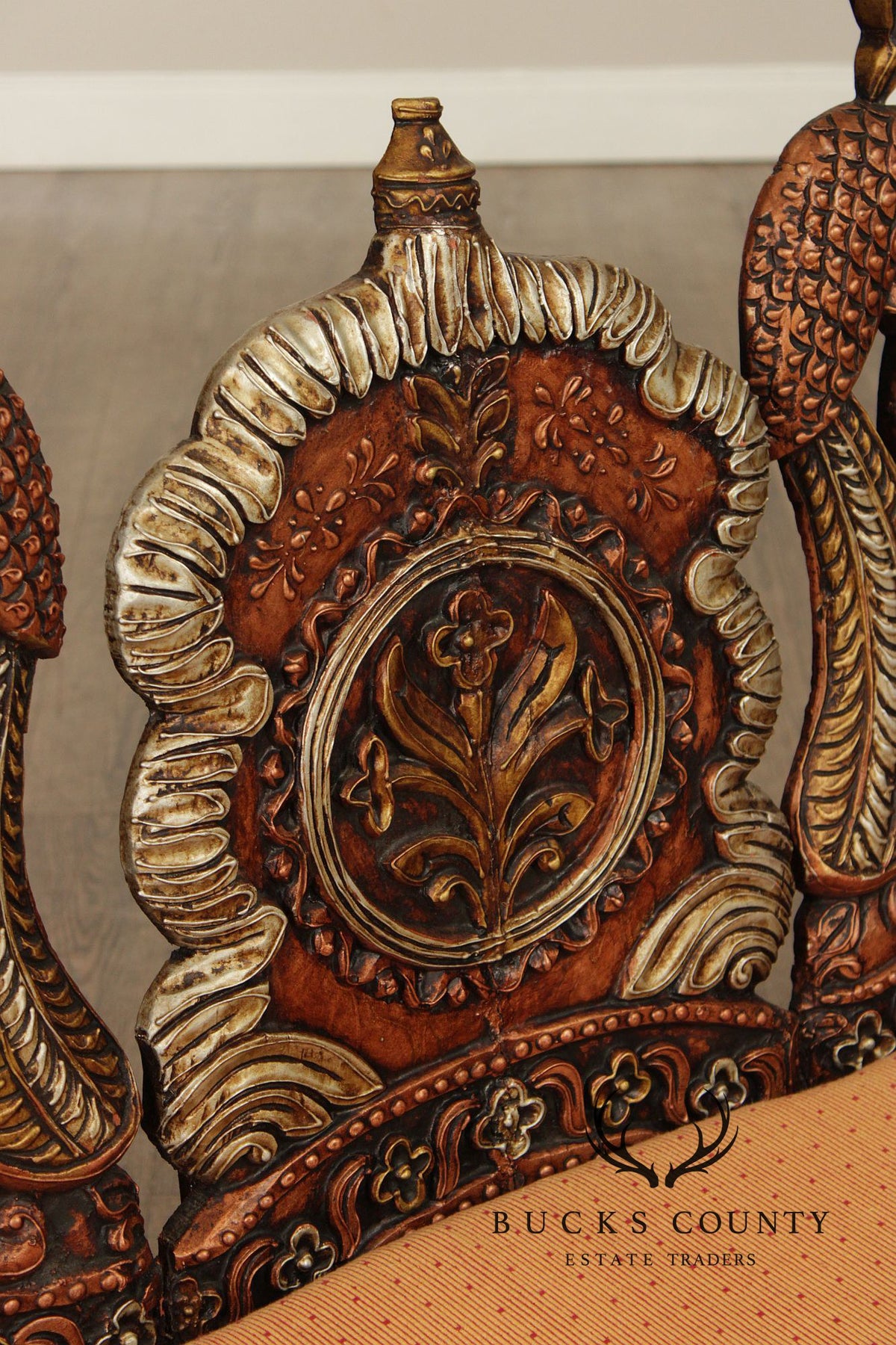 Hand Carved Painted And Gilt Lion And Peacock Motif Settee