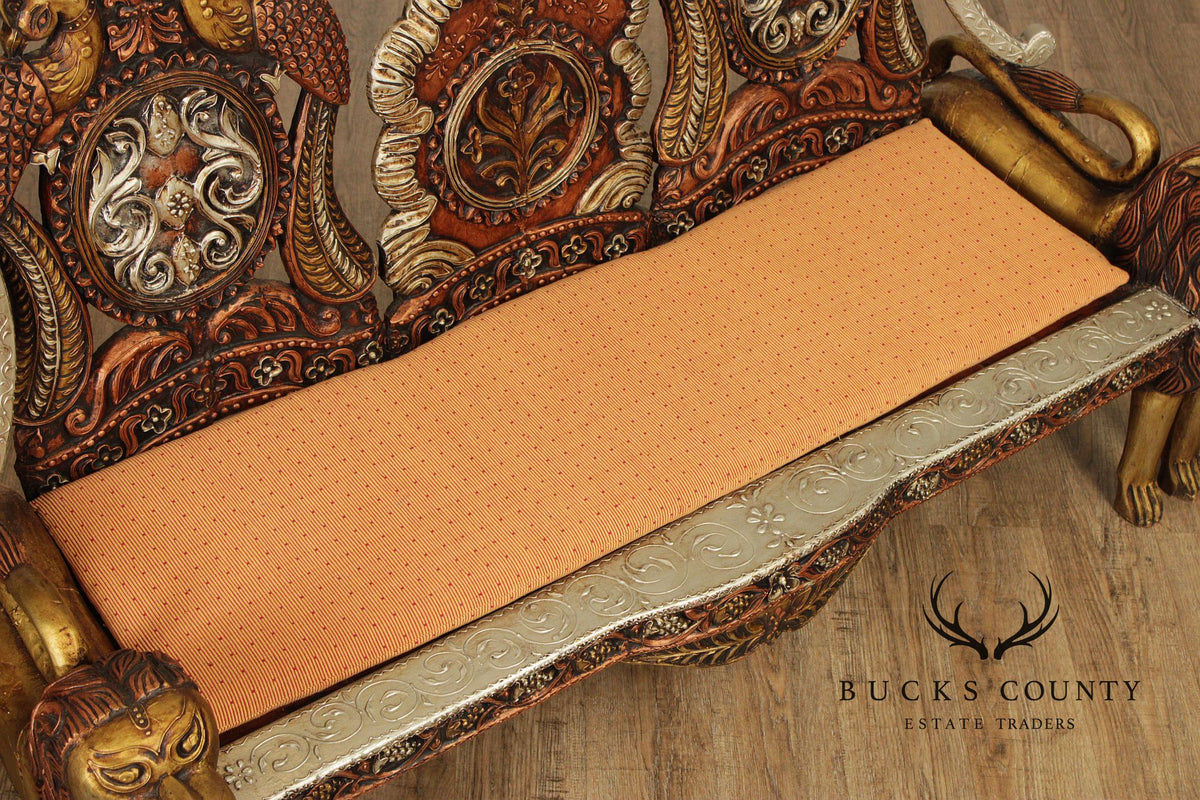 Hand Carved Painted And Gilt Lion And Peacock Motif Settee