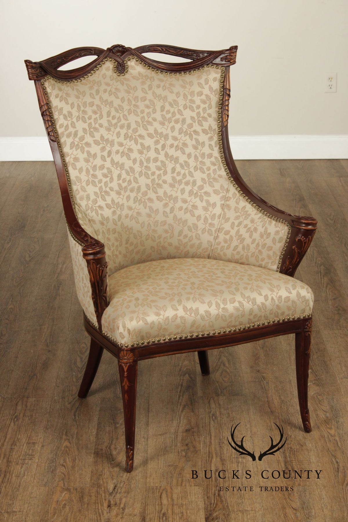 1930's French Louis XVI Style Carved Mahogany Fireside Bergere Chair