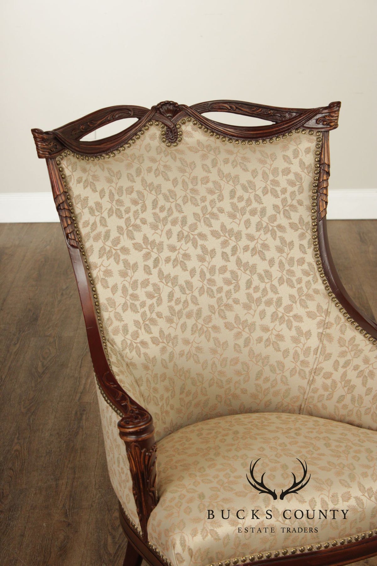 1930's French Louis XVI Style Carved Mahogany Fireside Bergere Chair