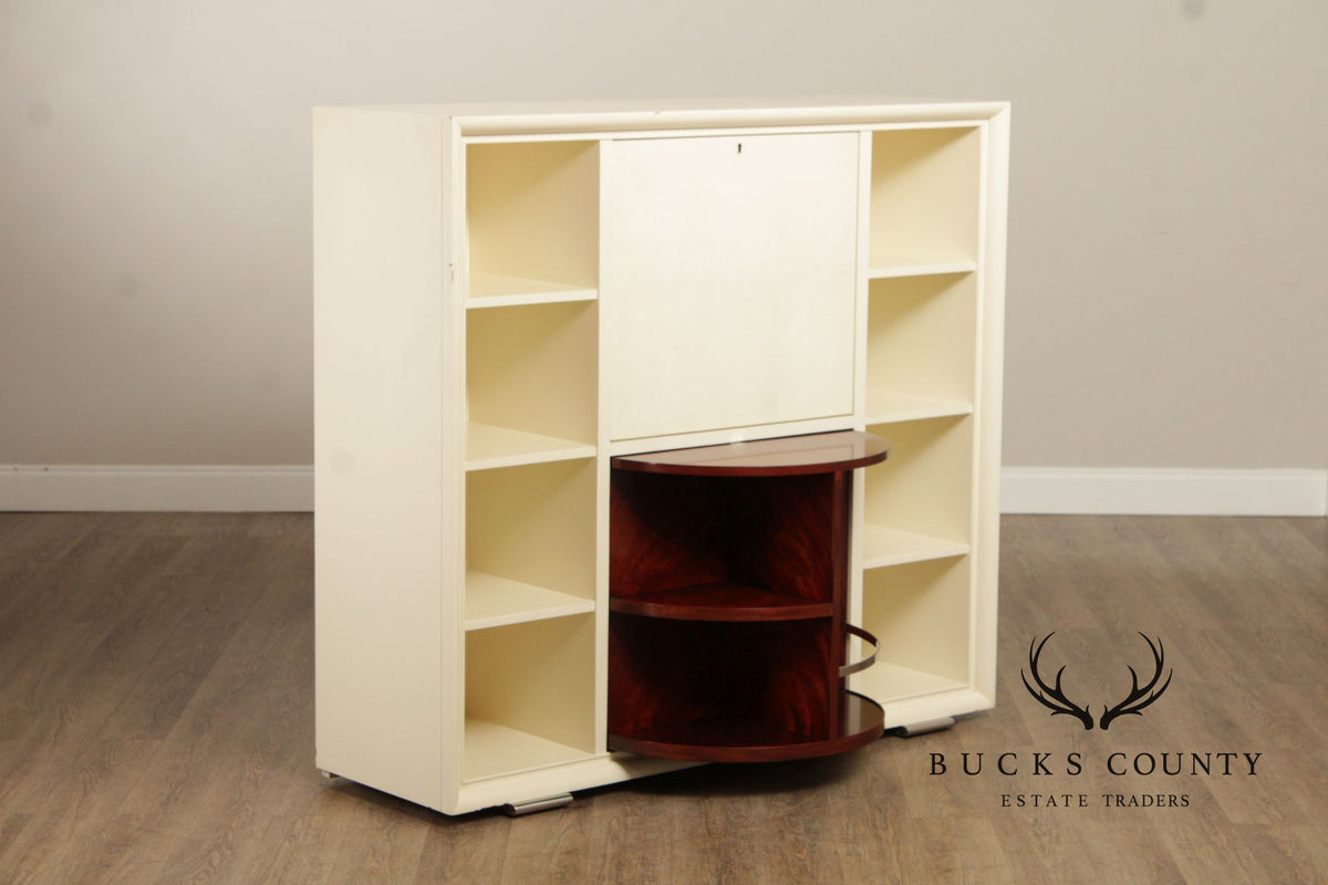 Modern White Lacquer Dry Bar Cabinet With Hidden Mahogany Interior And Rotating Shelves