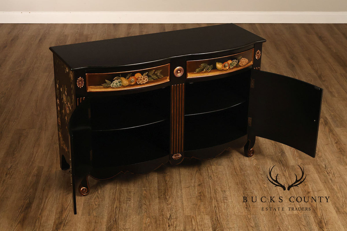 French Provincial Style Black Lacquer Hand-Painted Fruit Basket Sideboard