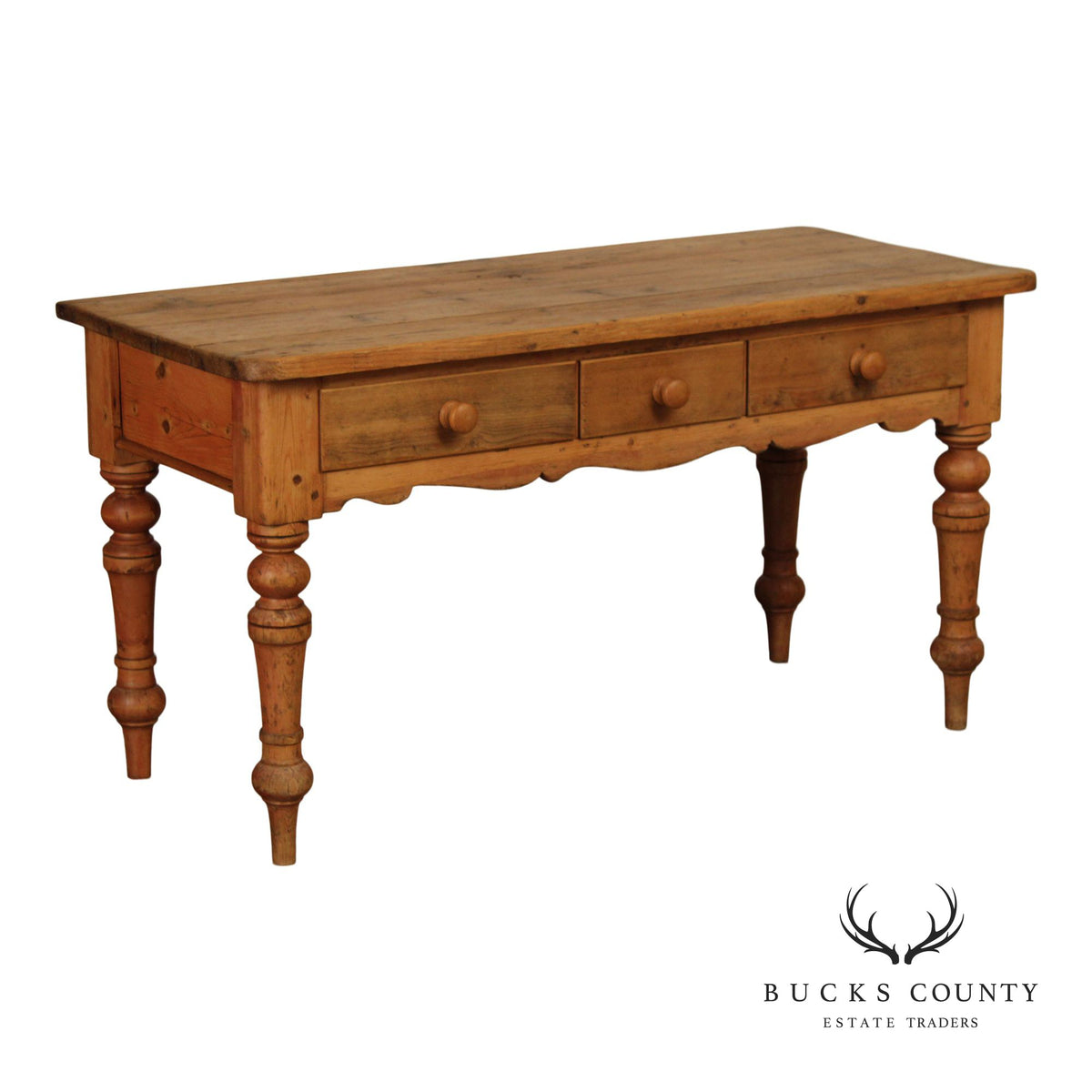 Antique Rustic Pine Farmhouse Table With Turned Legs