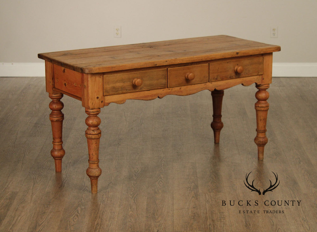 Antique Rustic Pine Farmhouse Table With Turned Legs