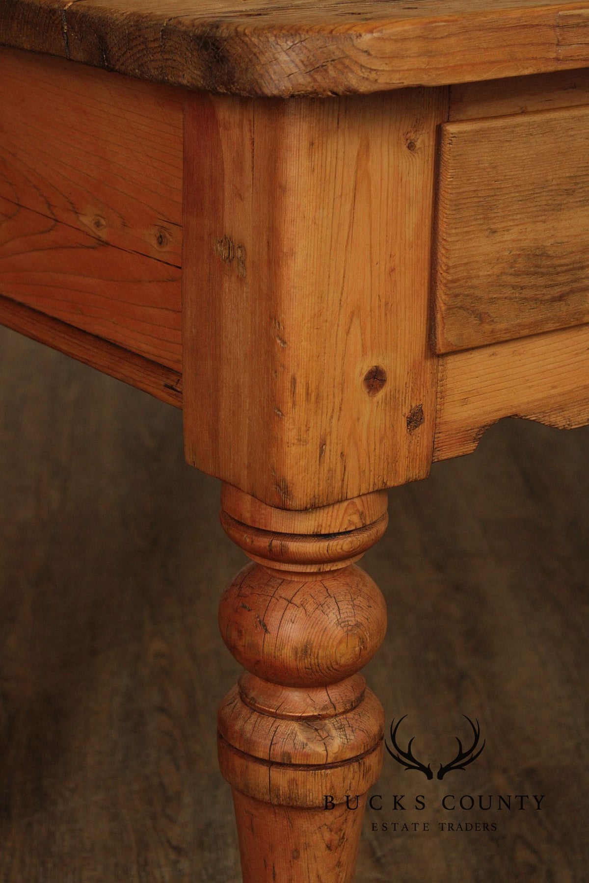 Antique Rustic Pine Farmhouse Table With Turned Legs