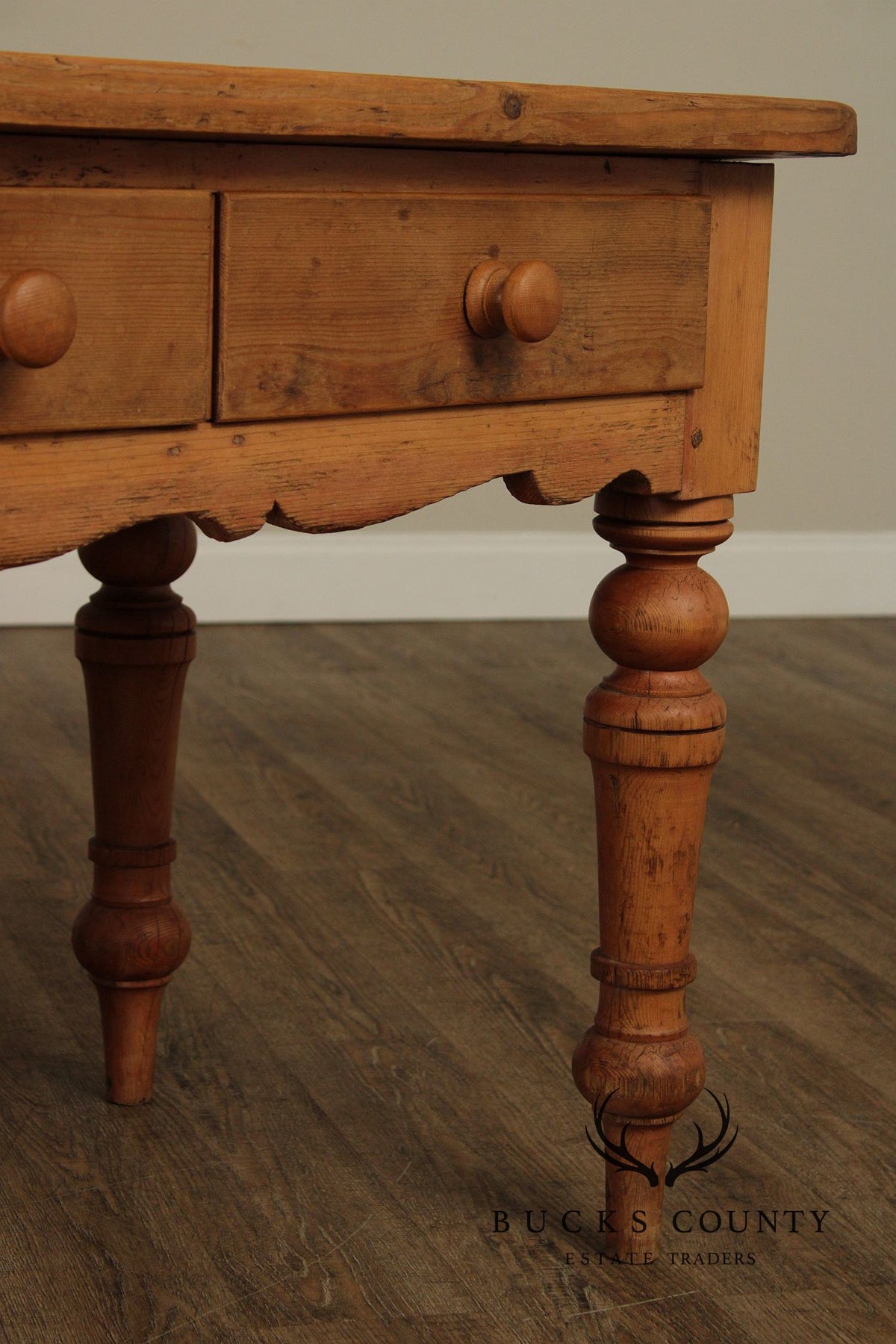 Antique Rustic Pine Farmhouse Table With Turned Legs