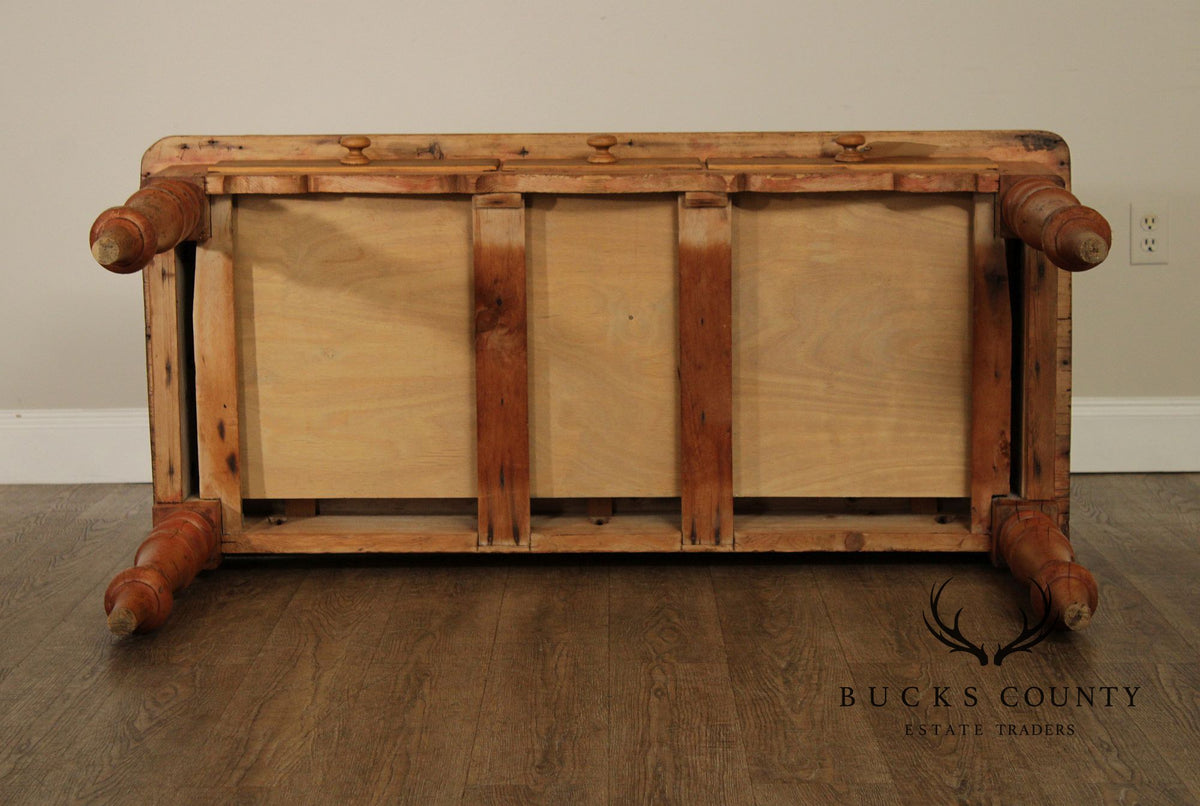 Antique Rustic Pine Farmhouse Table With Turned Legs