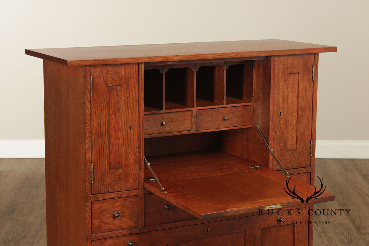 Stickley Mission Oak Harvey Ellis Inlaid Drop Front Secretary Desk And Wine Cabinet