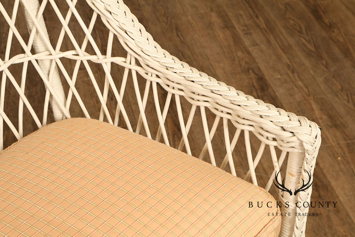 Vintage White Wicker Loveseat With Upholstered Seat Cushion