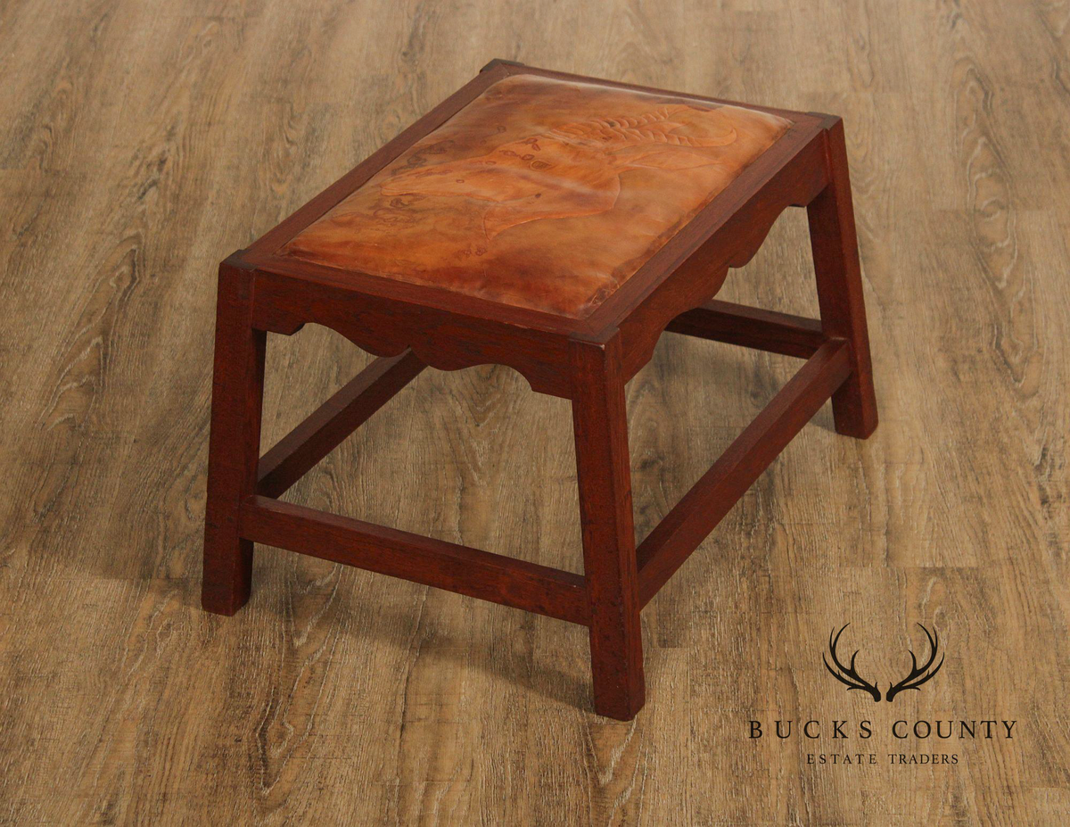Arts & Crafts Leather Seat Oak Stool