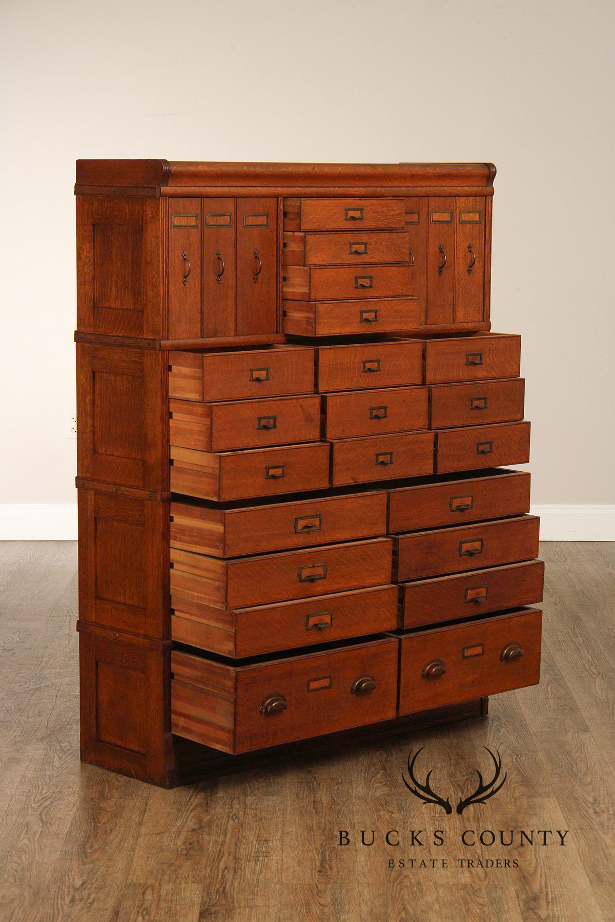 Antique Oak Multi Drawer Stacking Library File Cabinet