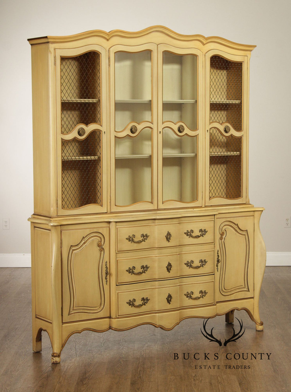 French Provincial Style Vintage Painted China Cabinet