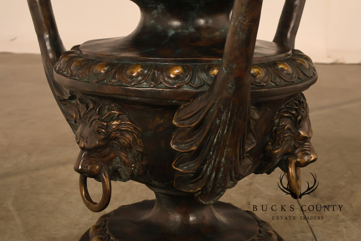 Monumental Brass Urn Form Double Pedestal Glass Top Dining Table