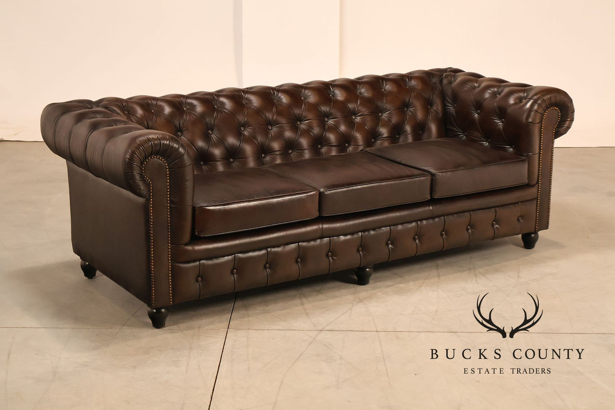 Chesterfield Style 7 Foot Espresso Brown Tufted Leather Sofa