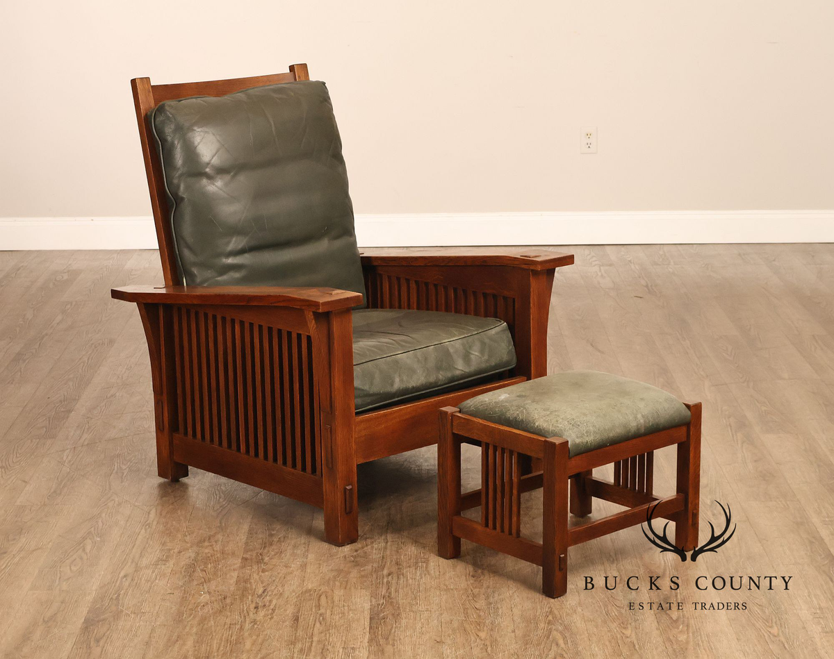 Stickley Mission Collection Oak Bent Arm Morris Chair and Ottoman