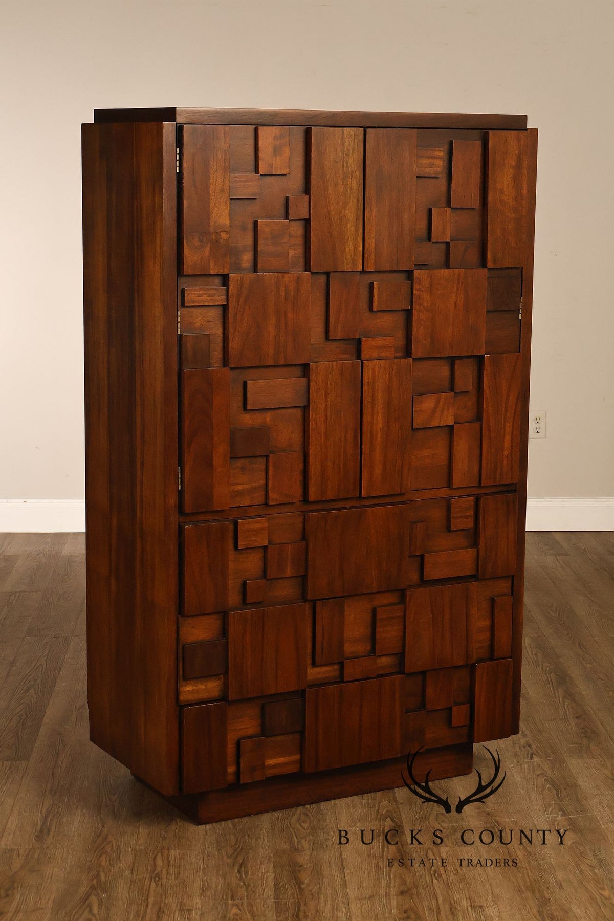 Vintage Lane Mid-Century Modern Brutalist Walnut Armoire