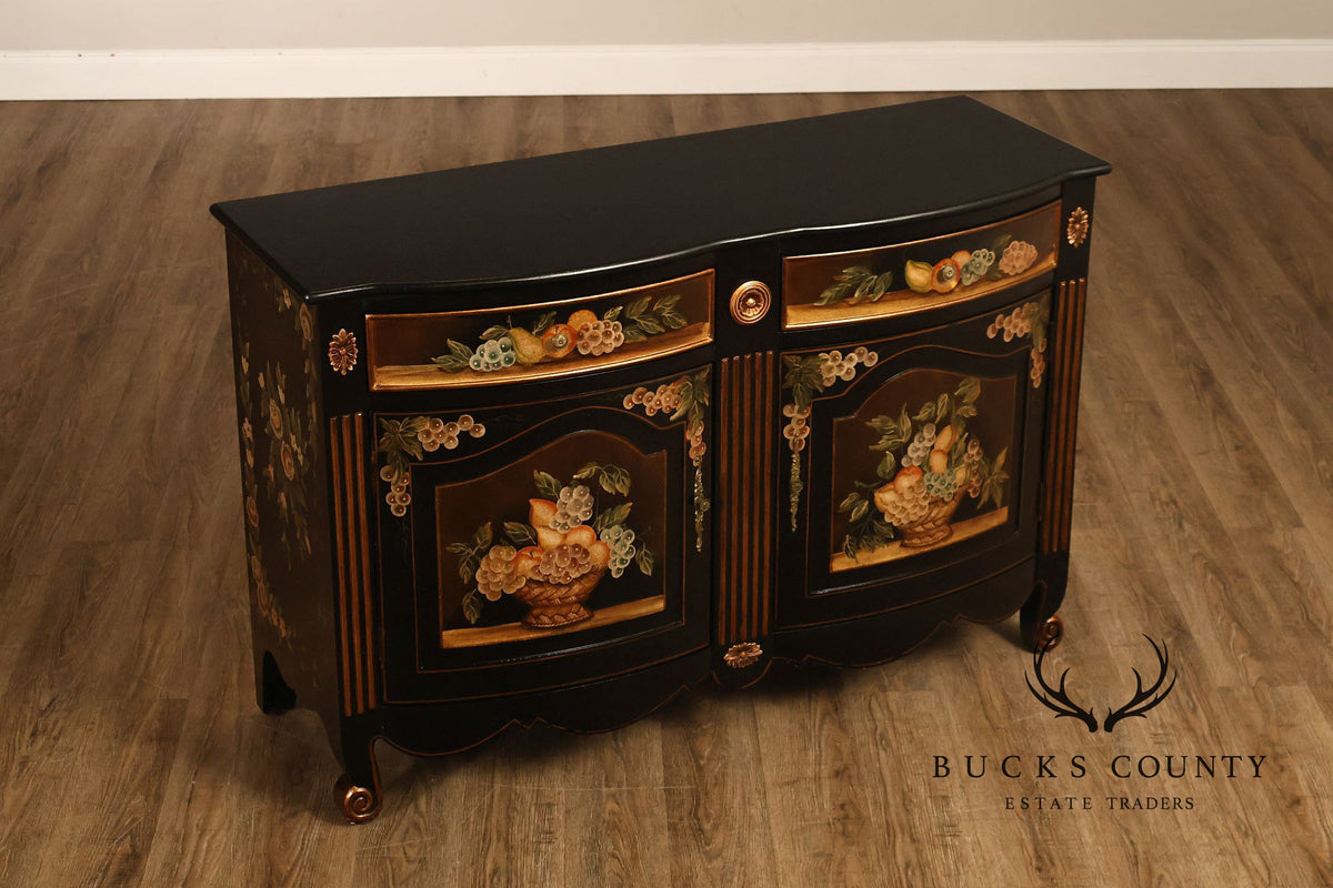 French Provincial Style Black Lacquer Hand-Painted Fruit Basket Sideboard