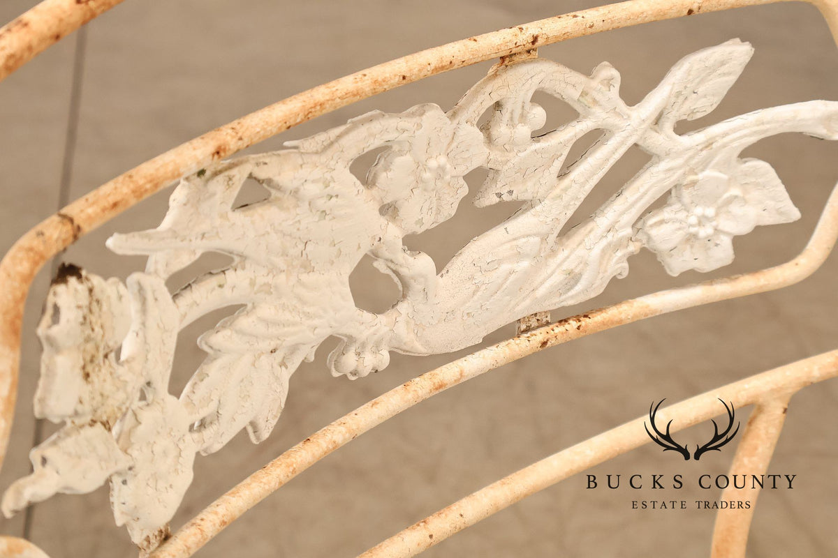 Painted Wrought Iron Set Of Three Garden Chairs With Decorative Backs