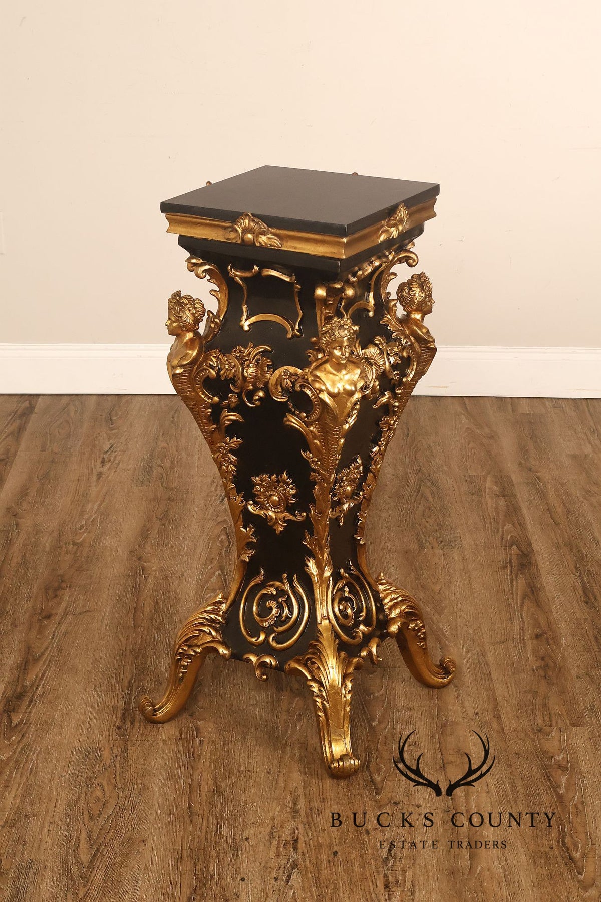 Italian Renaissance Style Pair of Slate Top Figural Carved Pedestals