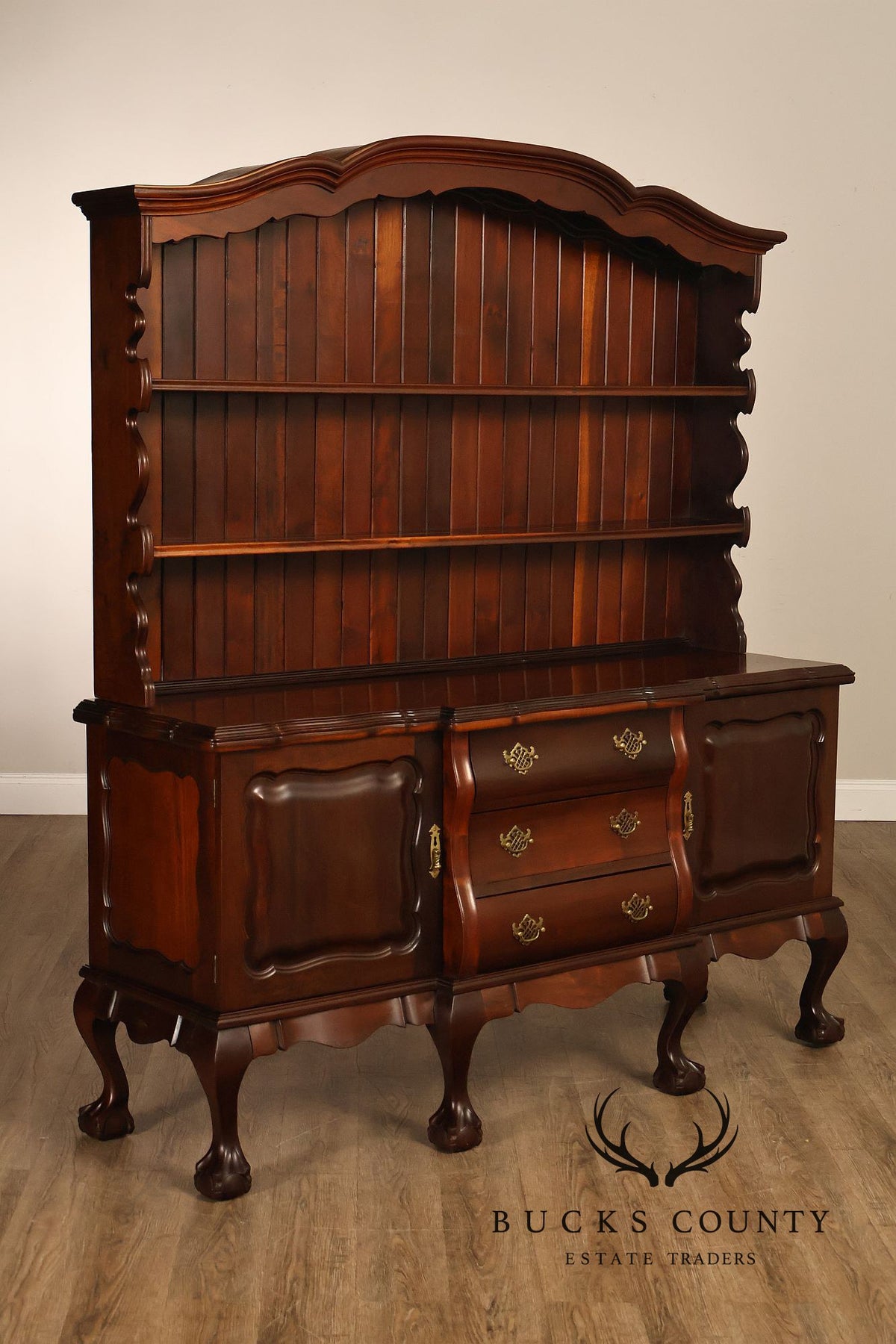 Queen Anne Style Welsh Two Piece Open Hutch Cabinet With Carved Claw & Ball Feet