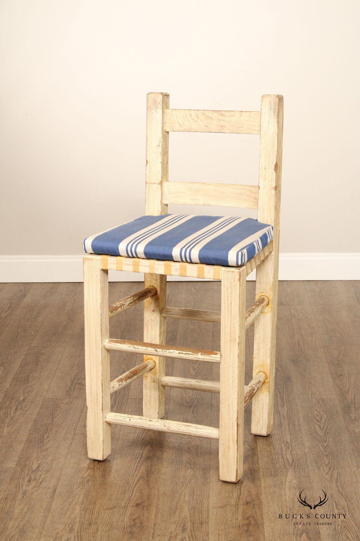 Farmhouse Style Set of Three Distress Painted Bar Stools