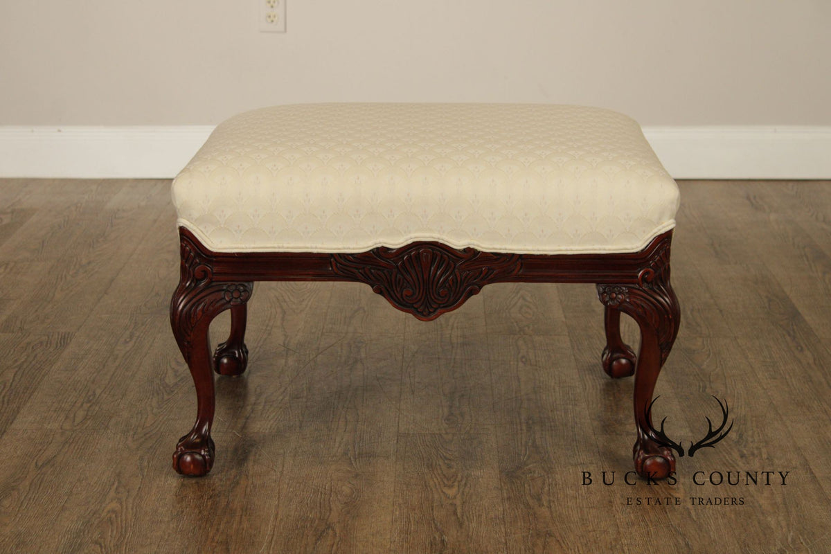 Thomasville Pair Of Chippendale Style Mahogany Upholstered Ottomans