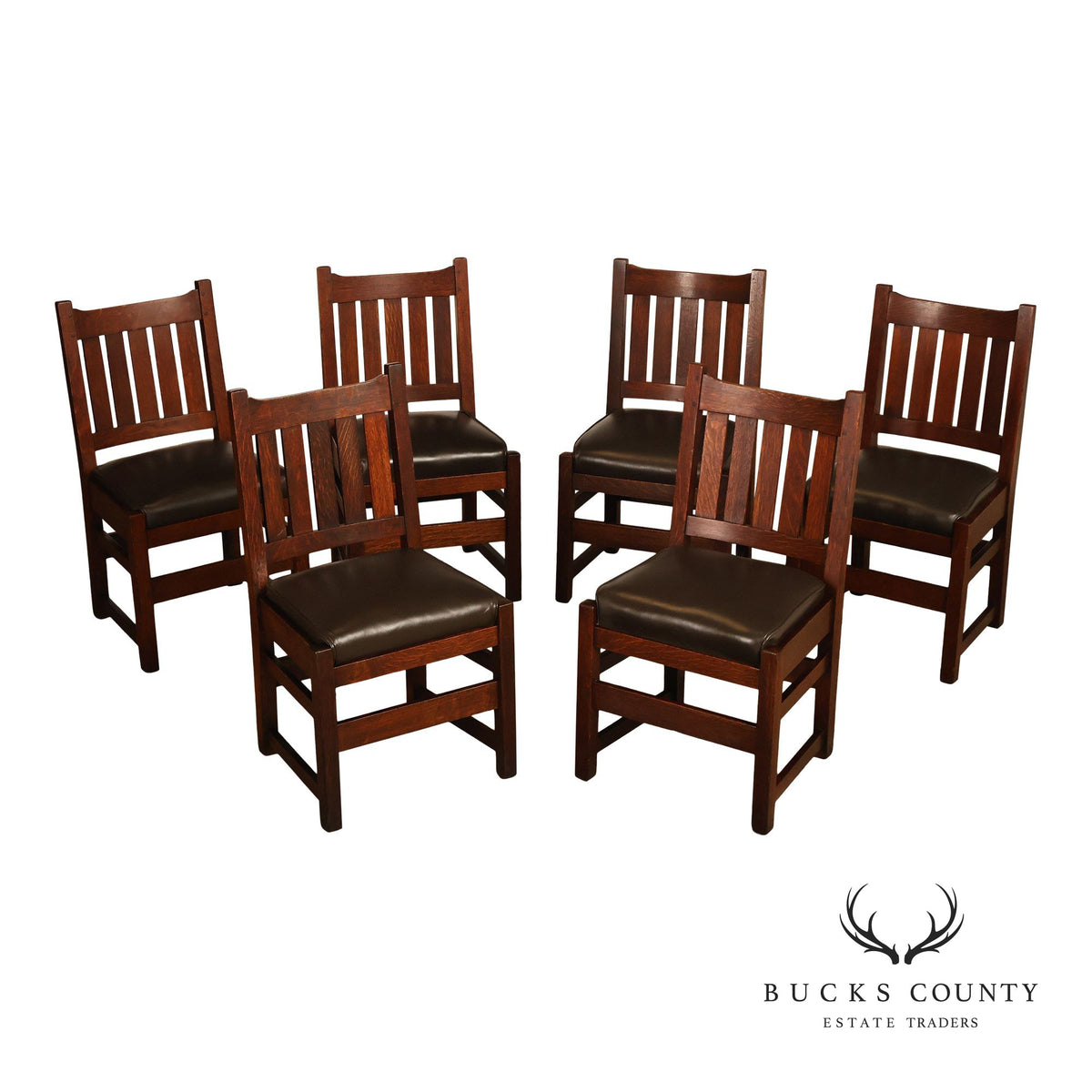 L&JG Stickley Antique Set Of Six U-Back Oak Dining Chairs Model #820