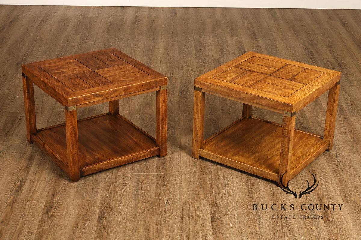 Drexel Heritage Pair Of Rustic Square End Tables With Pull Out Trays