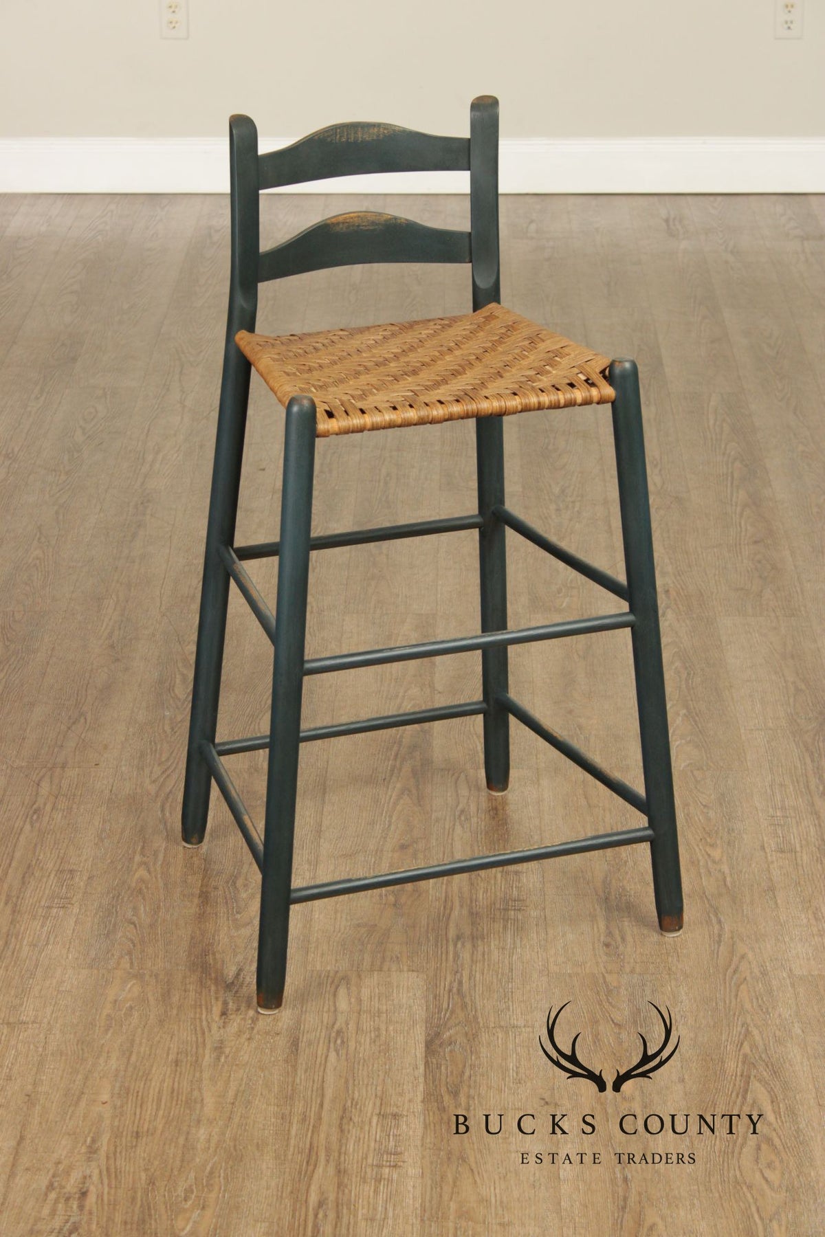 Farmhouse Style Set of Four Rush-Seat Bar Stools