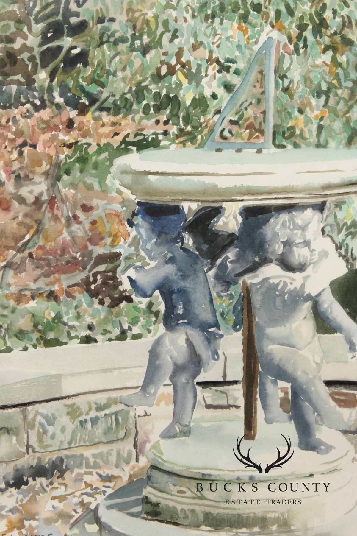 Raimond Del Noce Watercolor, Garden Fountain
