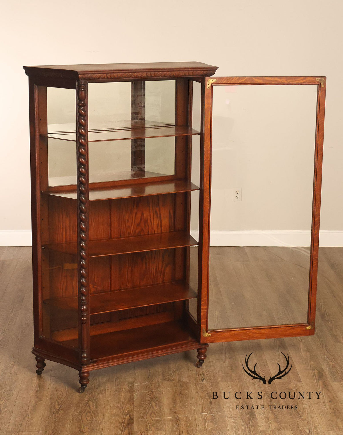 Antique Barley Twist Oak Glass Display Cabinet