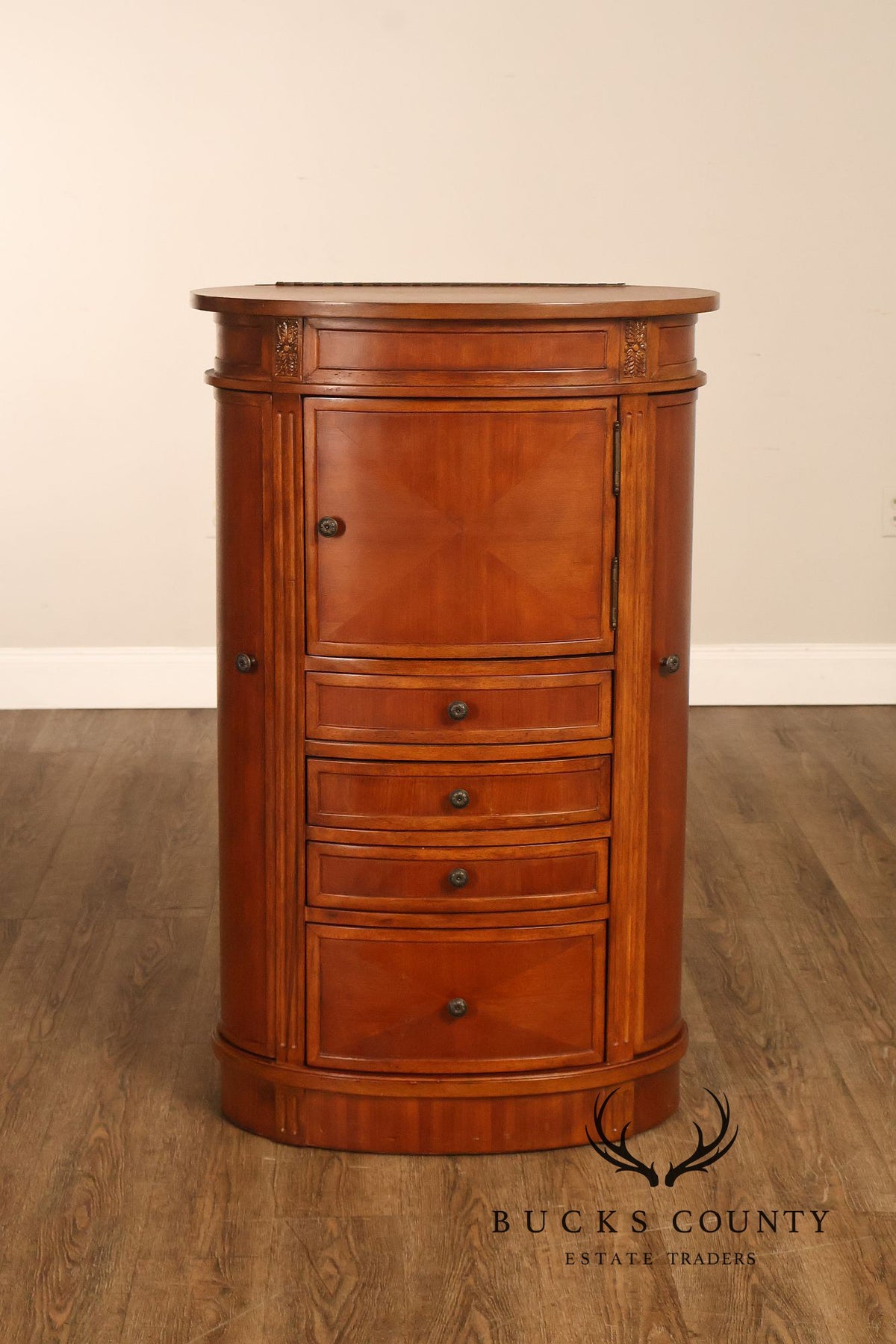 Oval Burl Wood Jewelry Armoire With Lift Top And Side Doors