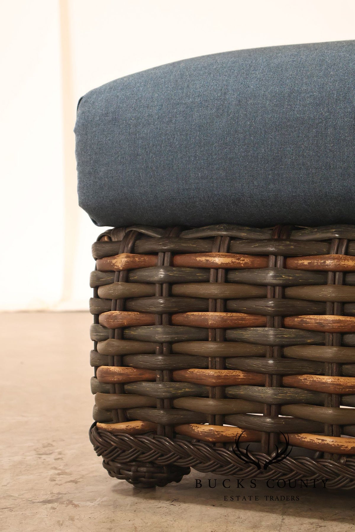 Lane Venture Weather Master Pair Of Woven Wicker Outdoor Ottomans With Blue Cushions