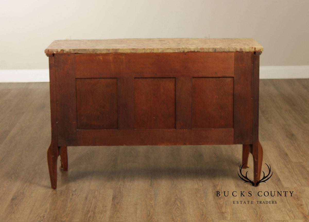 Antique French Louis XV Style Marquetry Marble Top Commode