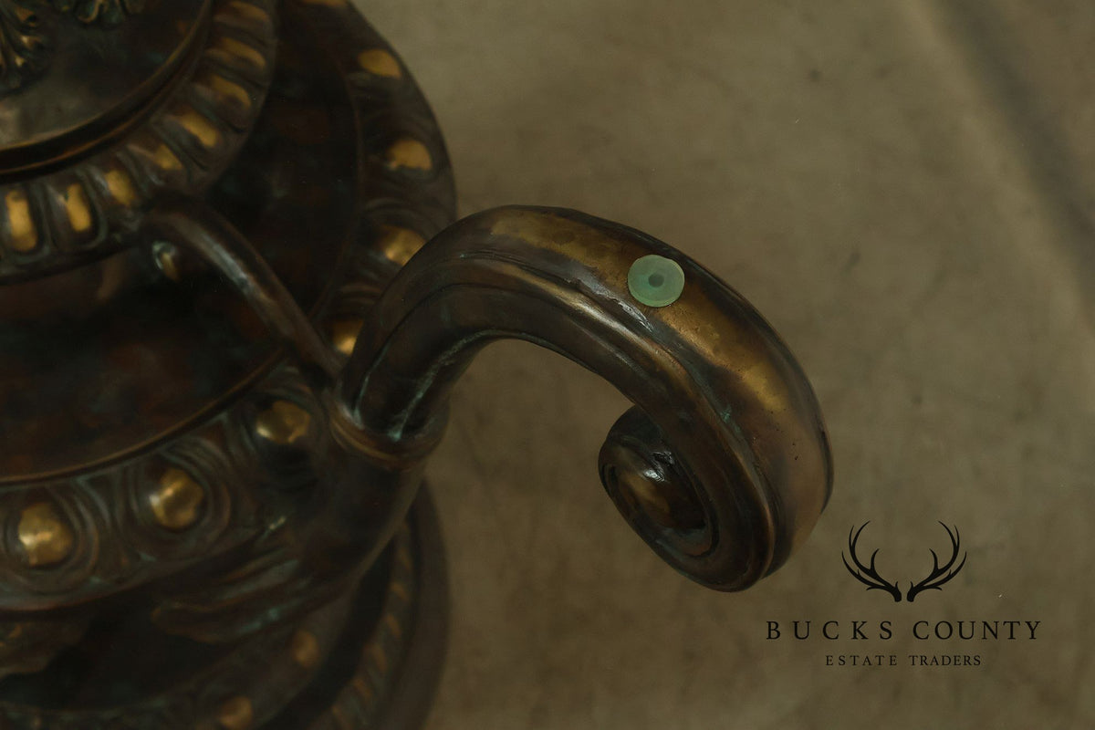 Monumental Brass Urn Form Double Pedestal Glass Top Dining Table