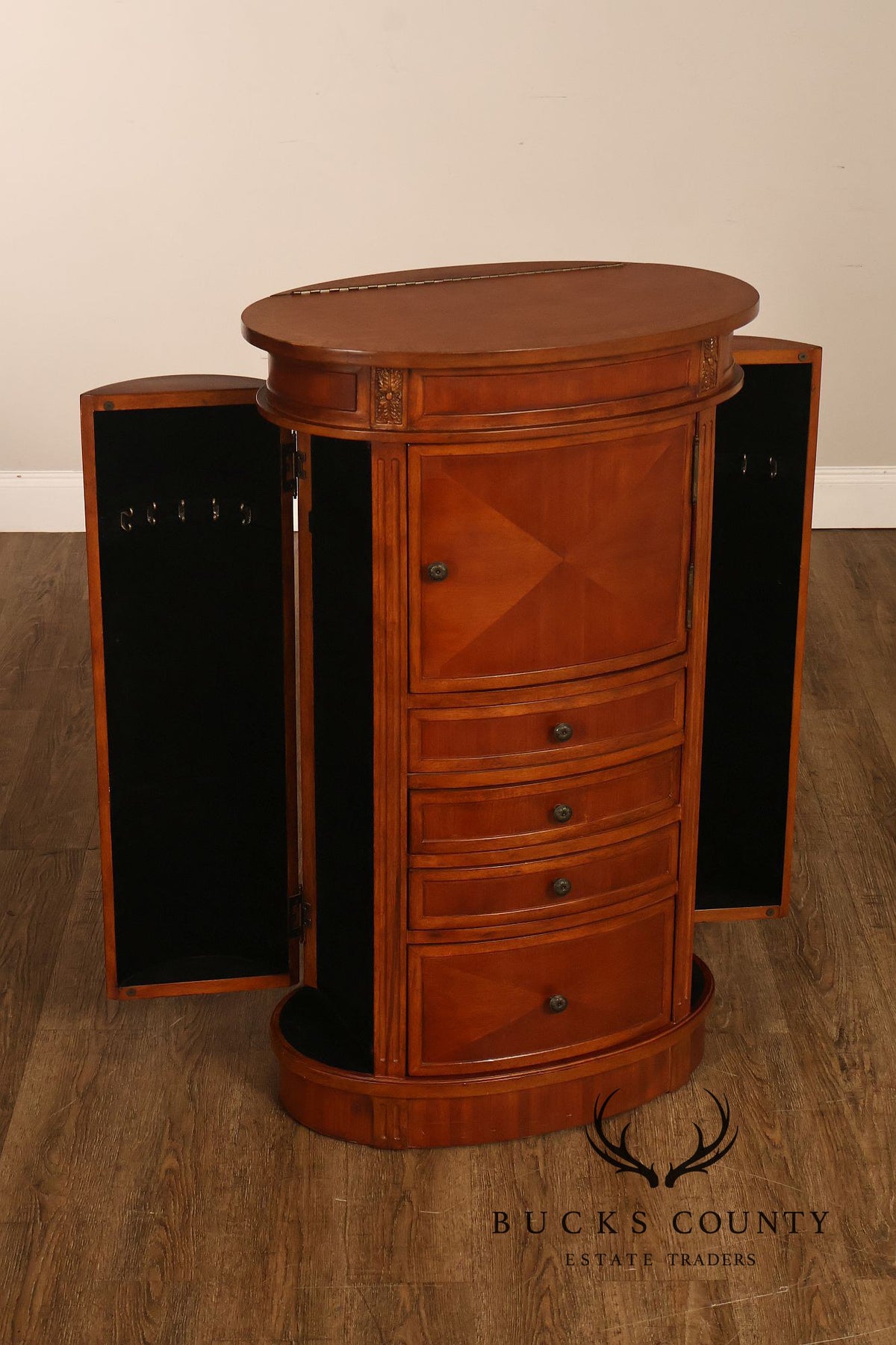 Oval Burl Wood Jewelry Armoire With Lift Top And Side Doors