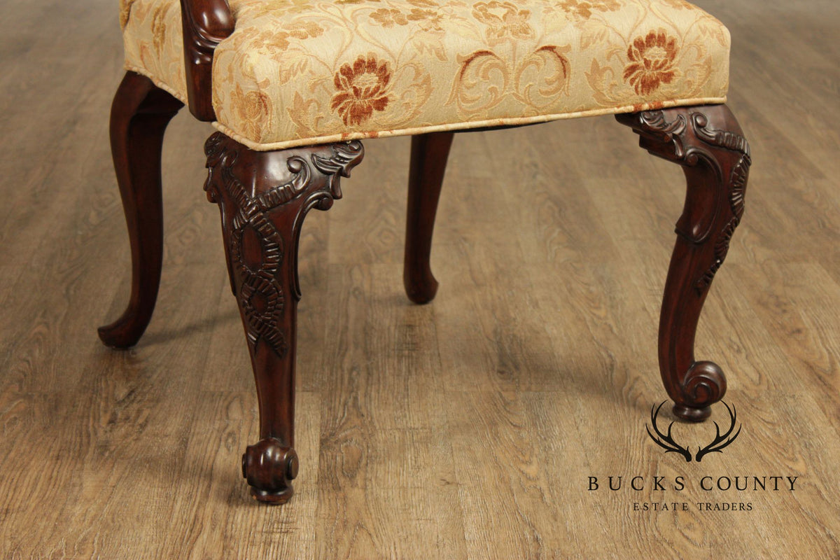 Henredon Scroll and Floral Upholstered Cabriole Leg Armchairs