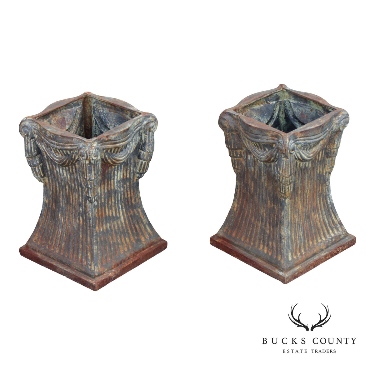 Neoclassical Style Pair Of Cast Iron Garden Planters Or Pedestal Bases