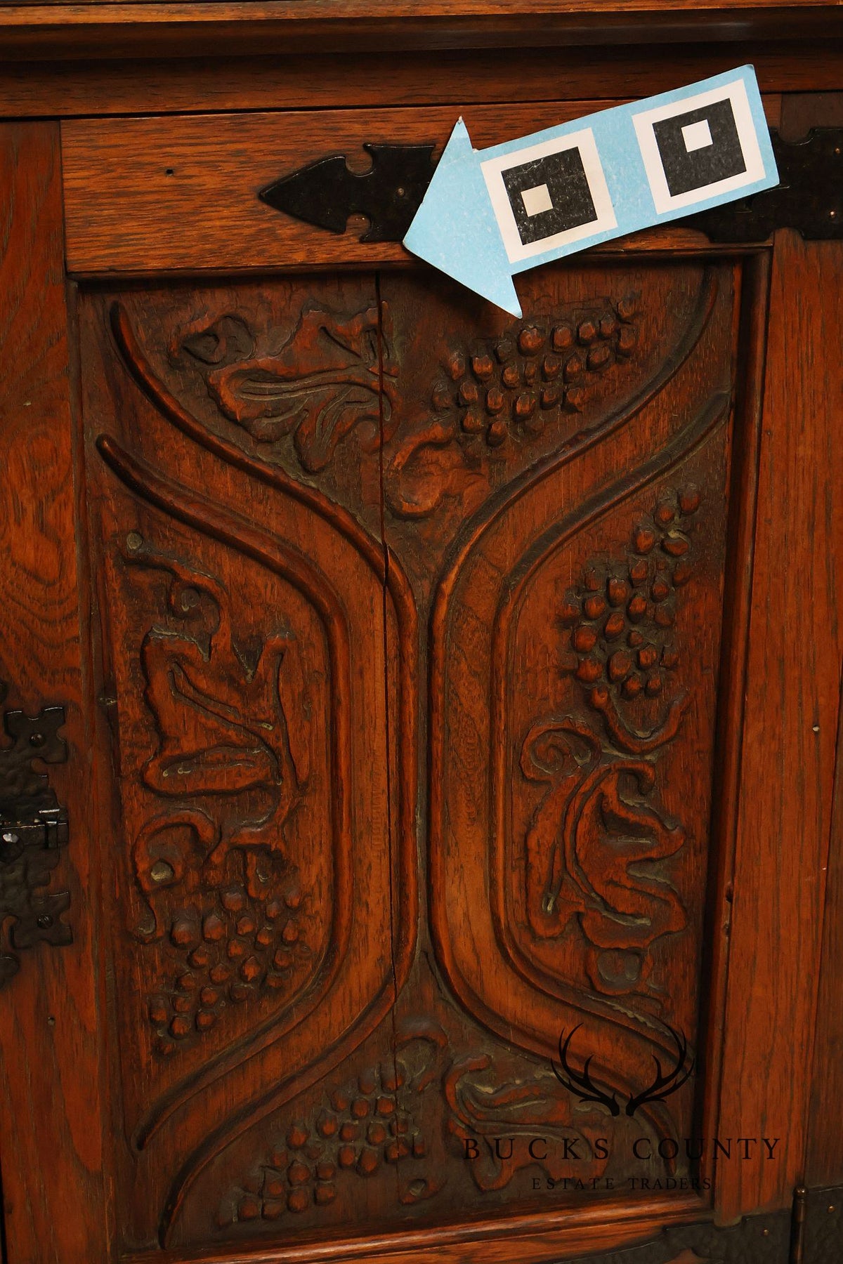 Vintage Spanish Revival Carved Oak Cabinet With Iron Hardware