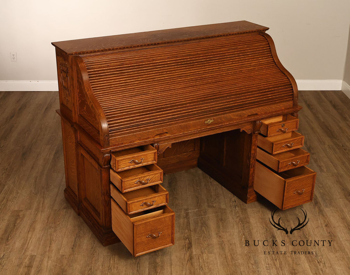 Exceptional Antique Quarter Sawn Oak Roll Top Desk With Carved 'Reading Hardware Co." Crest Panel