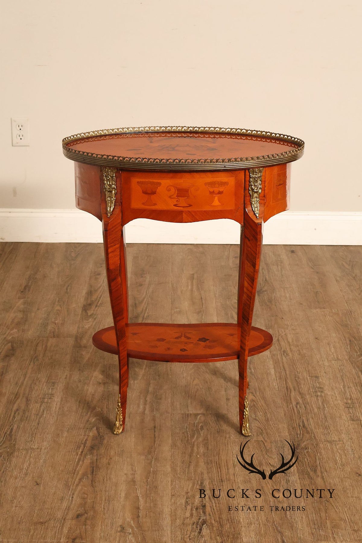 French Louis XVI Style Inlaid Oval Accent Table With Ormolu Mounts