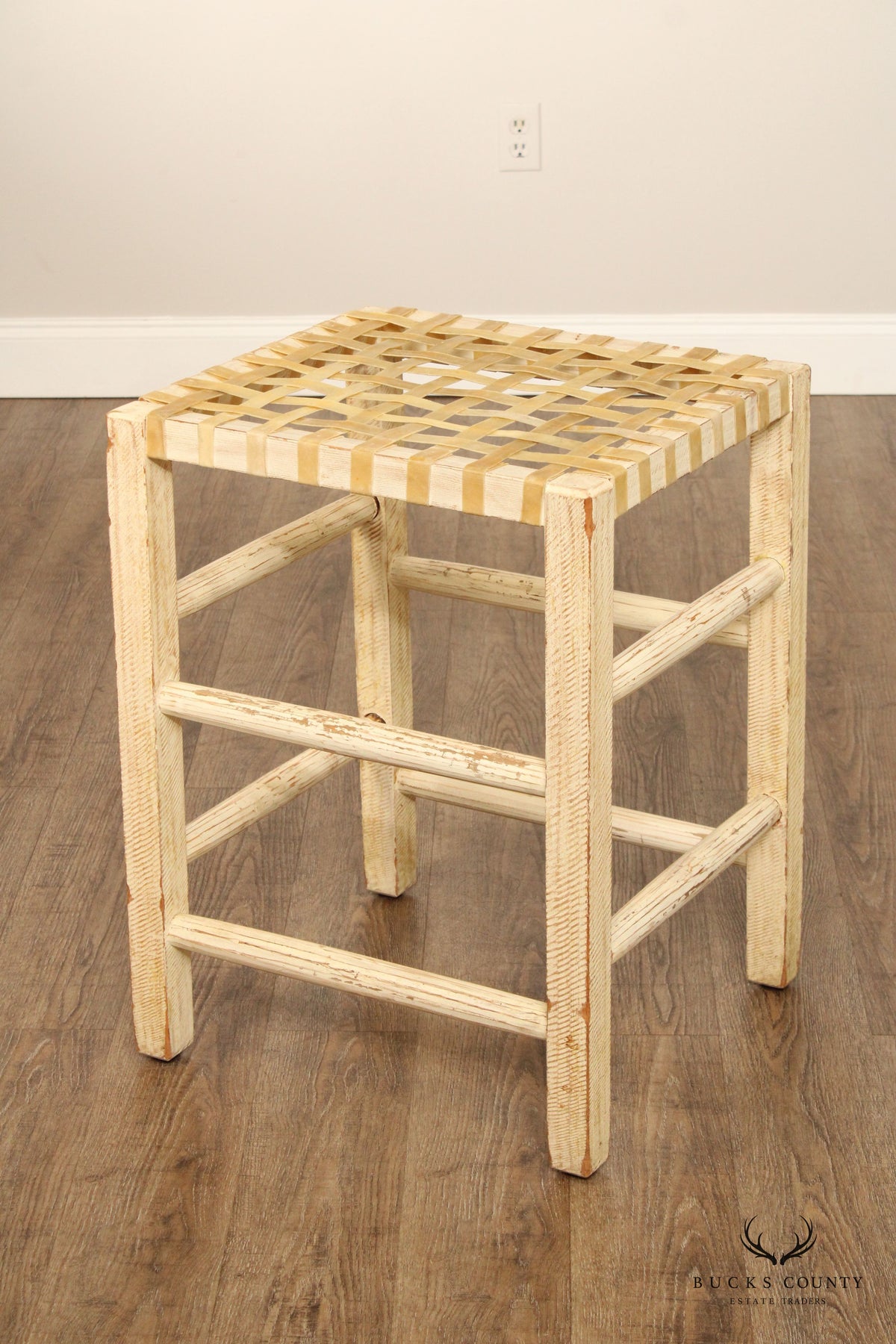 Farmhouse Style Set of Three Distress Painted Bar Stools