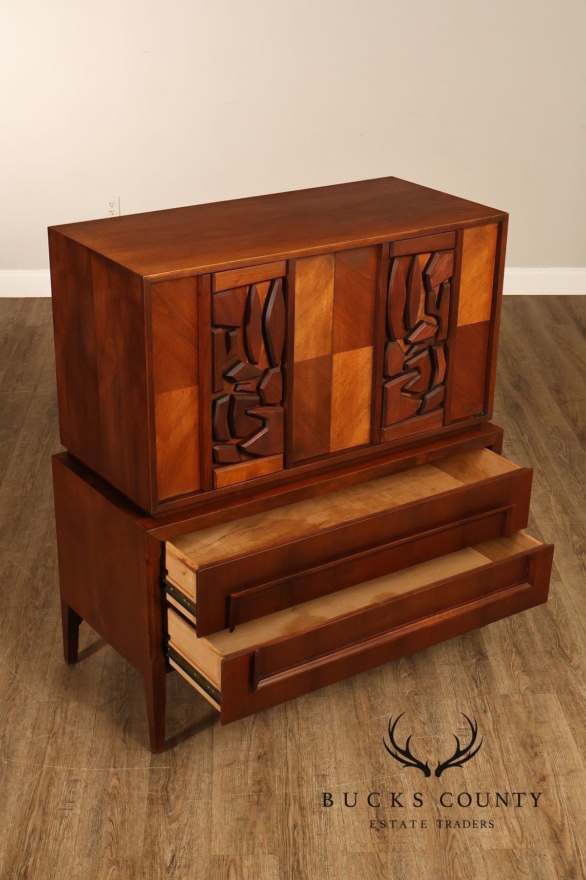 United Furniture 'Tiki' Brutalist Sculpted Walnut Tall Chest