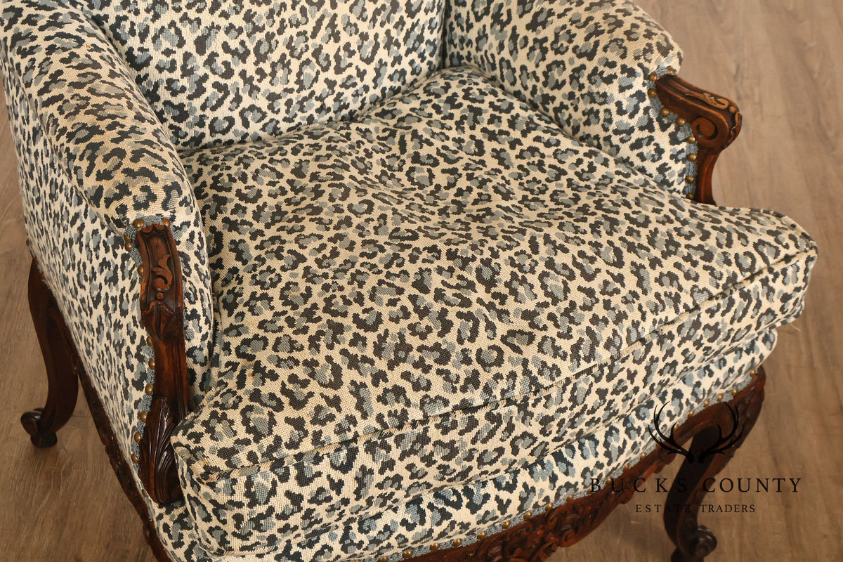 Vintage French Louis XV Style Carved Wood Leopard Upholstered Bergere Armchair