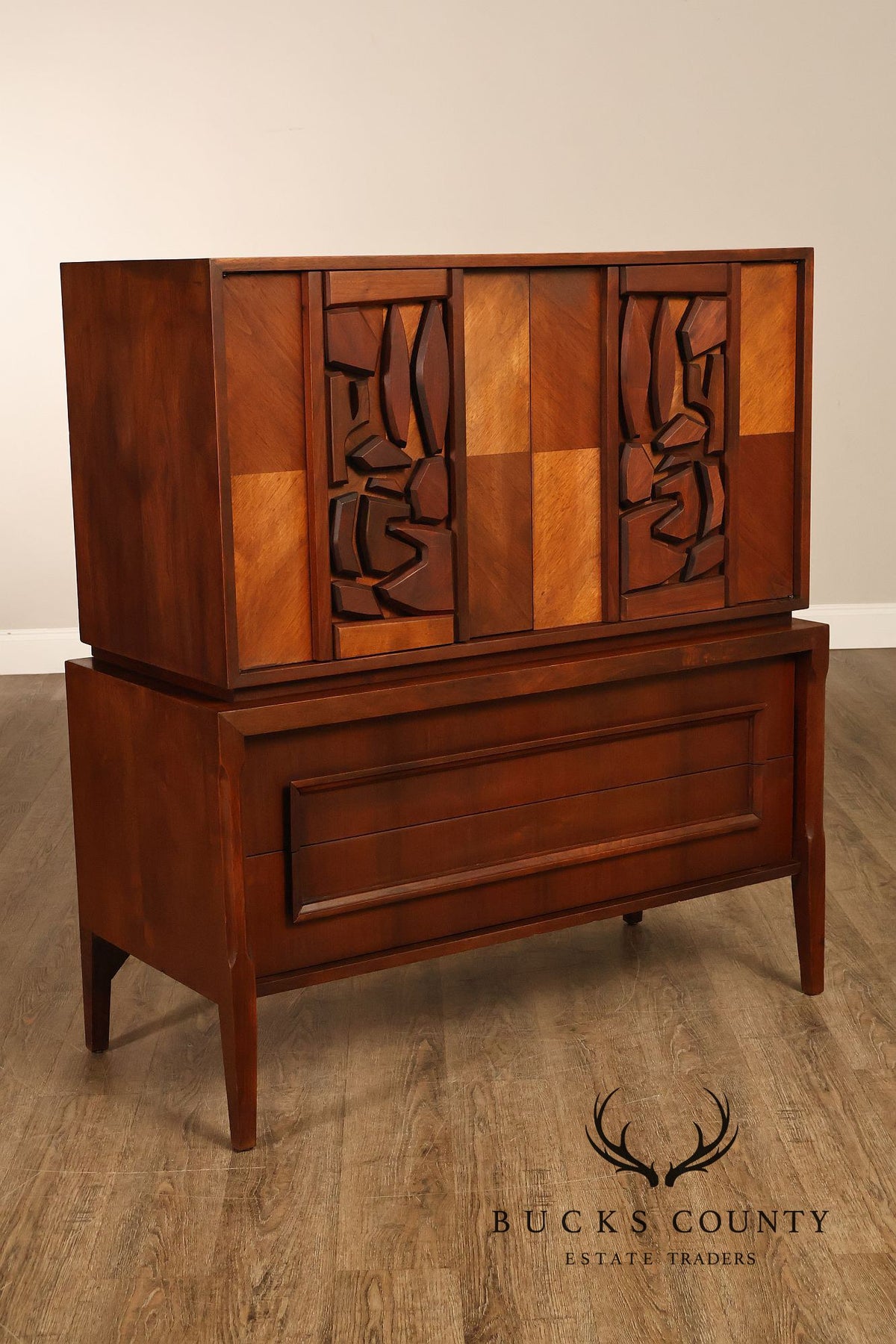 United Furniture 'Tiki' Brutalist Sculpted Walnut Tall Chest