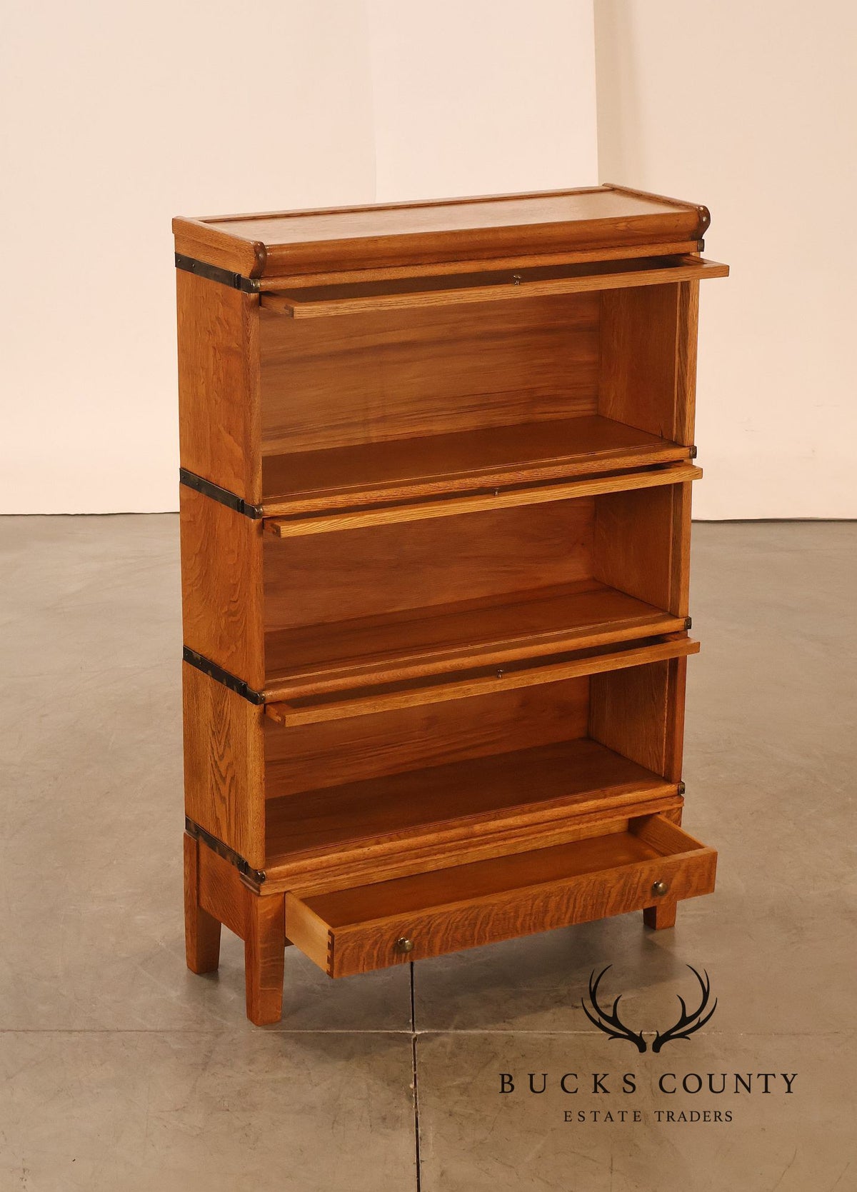 Arts & Crafts Three-Stack Oak Barrister Bookcase