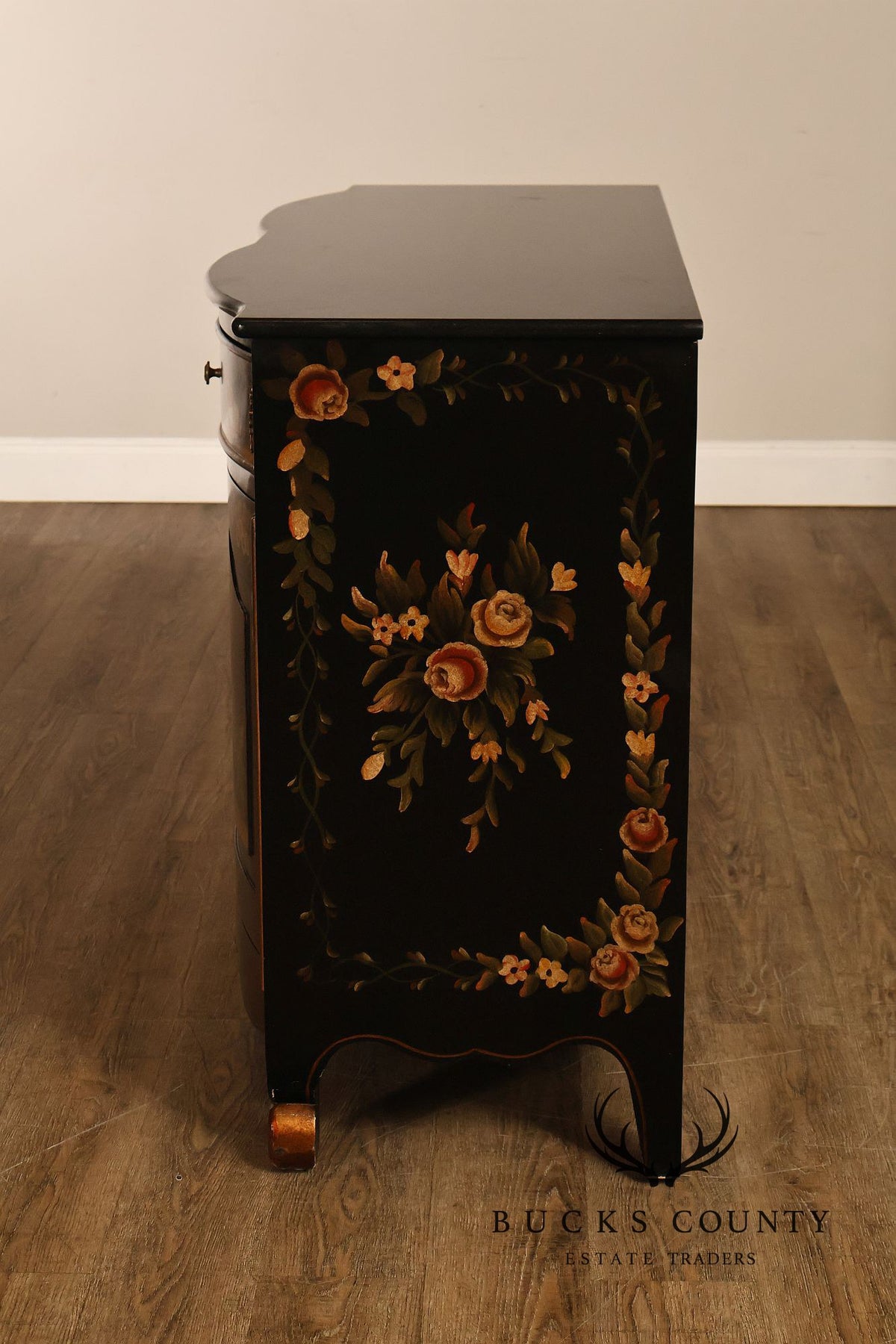 French Provincial Style Black Lacquer Hand-Painted Fruit Basket Sideboard