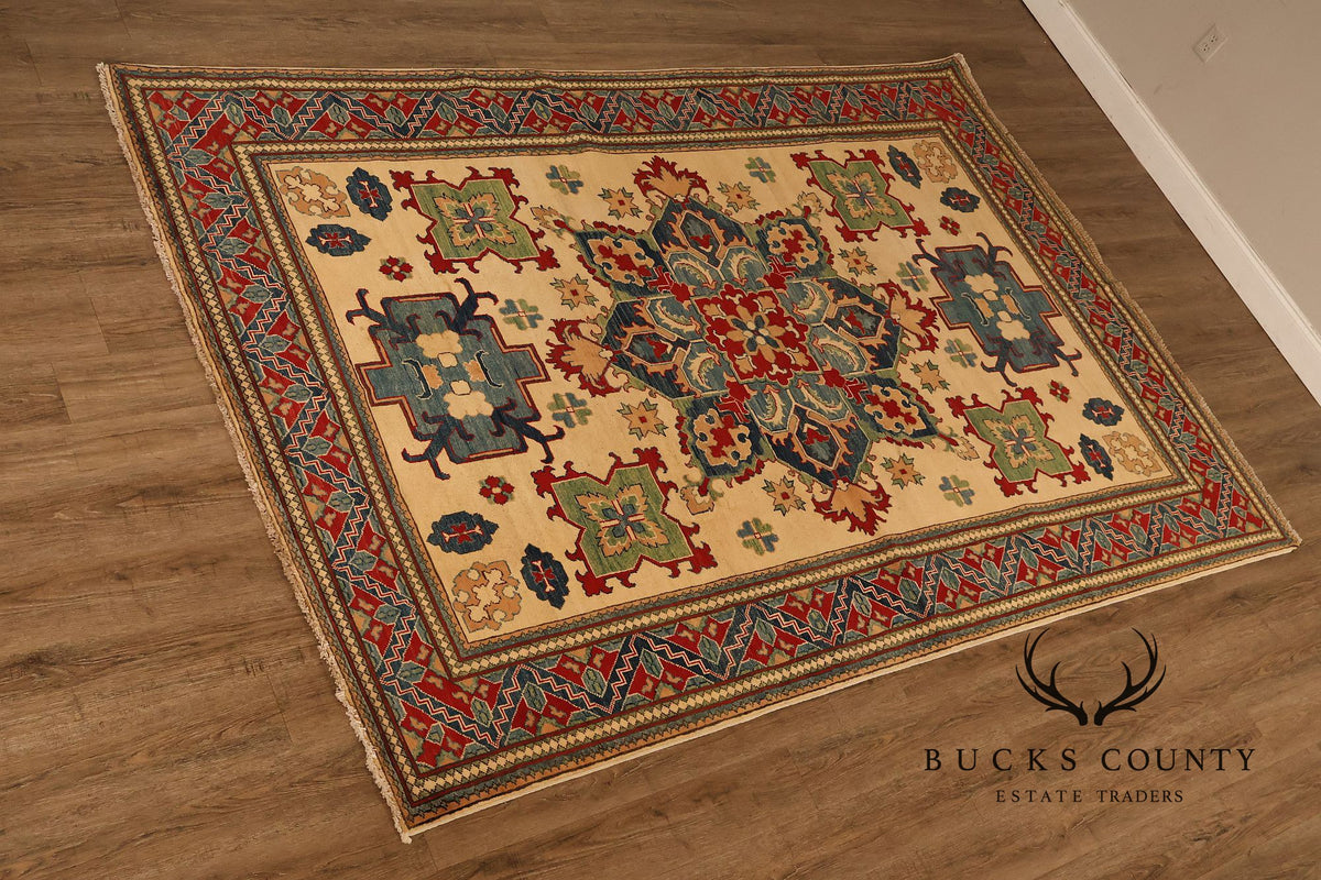 Afghan Kazak Style Wool Area Rug With Central Medallion 6x9