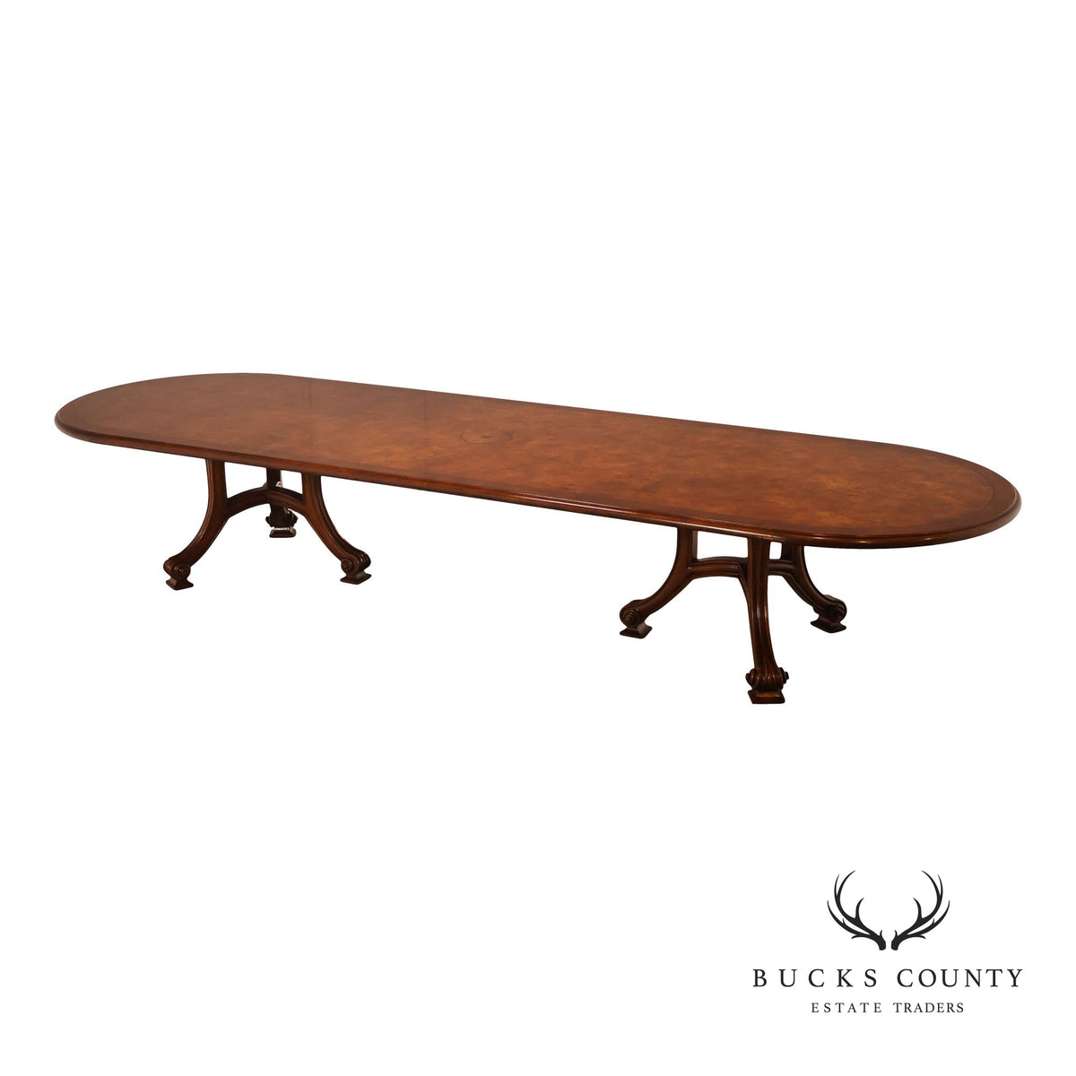 Dessin Fournir Banded Burlwood Large Double Pedestal Banquet Dining Table